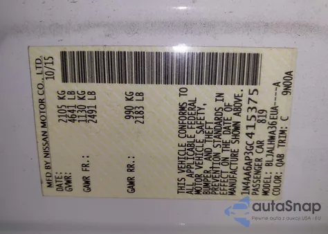 2016 Nissan Maxima 3.5 Platinum z USA, uszkodzony, nr VIN 1N4AA6AP3GC415375